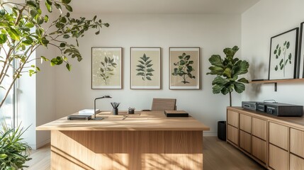 Airy Scandinavian workspace with minimalist furniture, a large oak desk, and botanical prints on the walls