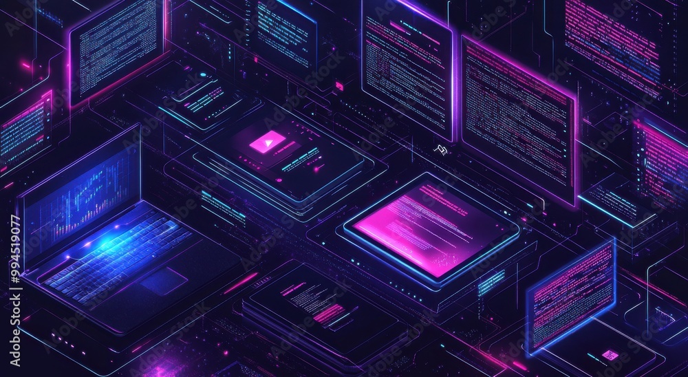 Poster futuristic illustration depicting web development concepts with modern interface design displayed on