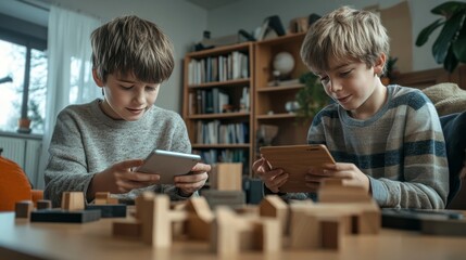 Chilled boys hang out with tech and wooden toys.