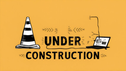 A pencil sketch style of a  website "Under construction" sign with a laptop and traffic cone on a bright yellow background, poster, typography, illustration, warning banner, minimal 