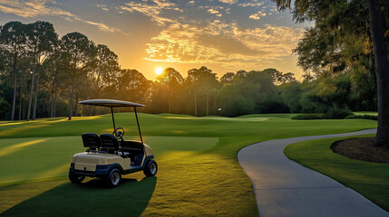 Golf cart on lush grass course, electric vehicle for golfers, summer sport transportation, outdoor leisure buggy, green field recreational ride, club game equipment