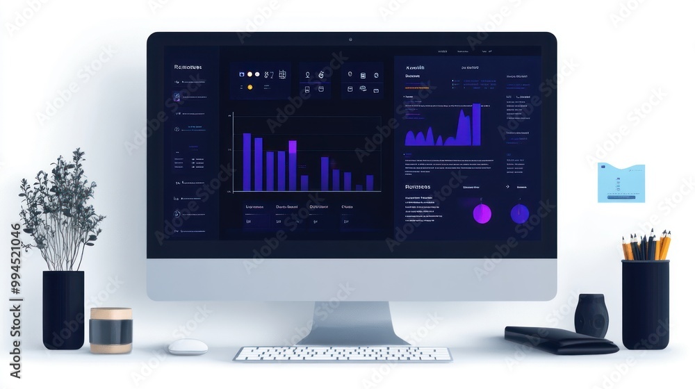 Poster Desktop Computer with Data Analytics Software Displayed on Screen