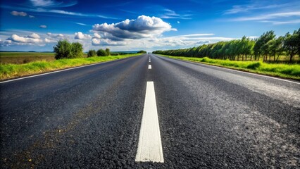 Fototapeta premium Empty asphalt road is going through green fields towards the horizon under blue sky with white clouds