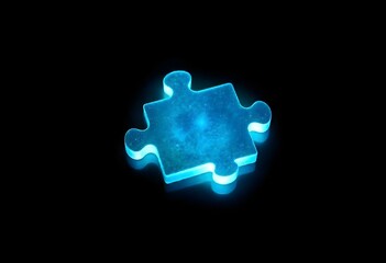 Obraz premium a singular glowing jigsaw piece with a smooth, reflective texture, radiating soft light in shades of blue and green, set against a deep black backdrop create with ai