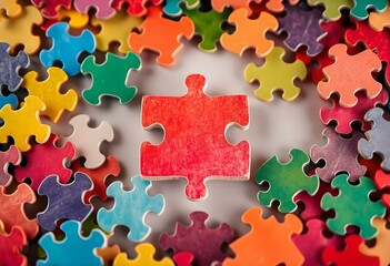 A jigsaw piece viewed from above, surrounded by a rainbow of colorful puzzle pieces, with soft ambient light enhancing its texture create with ai