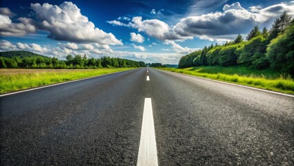 Fototapeta premium Empty asphalt road is going through green fields towards the horizon under blue sky with white clouds