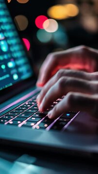 Programmer writing code on laptop keyboard at night