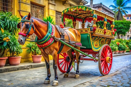 Traditional Kalesa Carriage on the Street, Colorful Horse-Drawn Vehicle in Urban Setting
