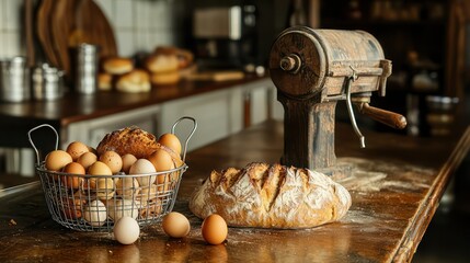 A detailed view of a farmhouse kitchen counter with a vintage coffee mill, fresh baked bread, and a wire basket of farm fresh eggs