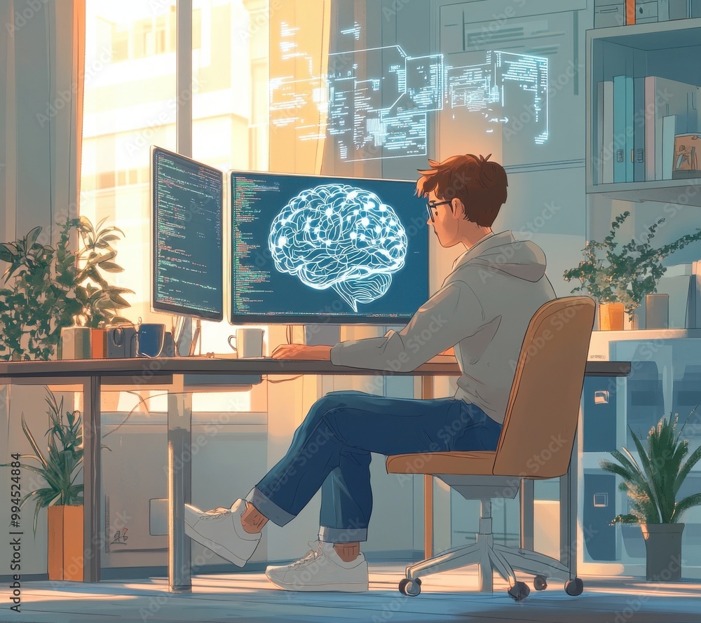 Poster young man working at desk with computer displaying brain graphic, sunlight streaming through window,
