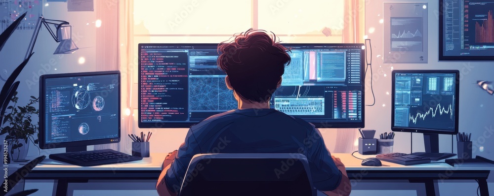 Poster young man working at a modern desk with dual monitors displaying data charts and code in a home offi