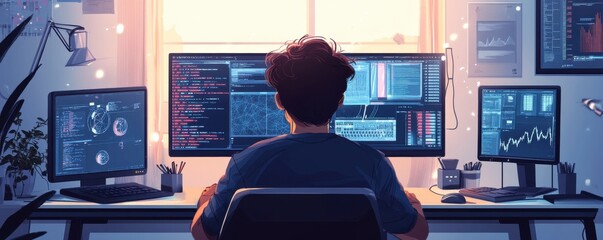 Young man working at a modern desk with dual monitors displaying data charts and code in a home office setup