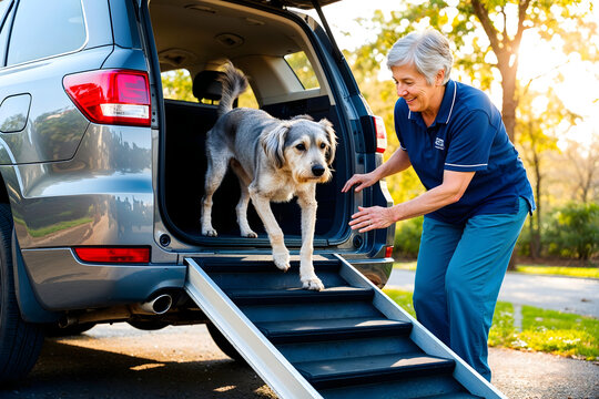 A senior woman gently encourages her dog to walk down a ramp from a parked vehicle, enjoying a bright day in a beautiful park setting filled with greenery.