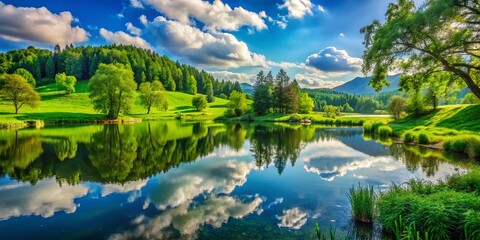 Fototapeta premium Tranquil Green Landscape for Introspection and Reflection Amidst Nature's Calming Serenity