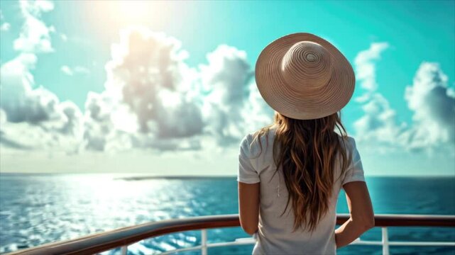 Back view of a woman wearing a hat enjoying vacation on the deck of cruise ship in the sea on beautiful sunny summer day 