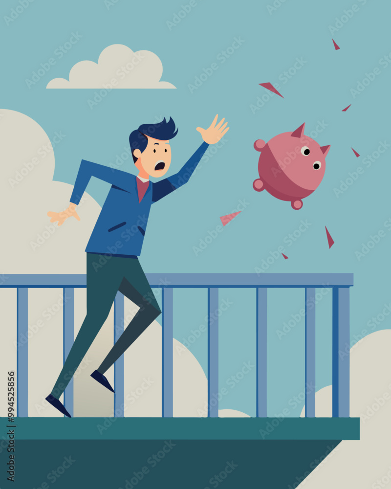 Poster a person throwing a piggy bank off a balcony causing it to smash open on the ground below with a sat
