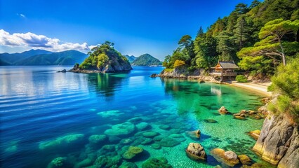 Tranquil Japanese Sea with Calm Waters and Scenic Coastal Landscape Under Clear Blue Sky