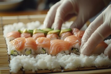 Hands of master making sushi using nori, rice, cucumber, omelet, and bamboo mat. Close-up.