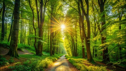 Obraz premium Tranquil Path Through Lush Green Woods Surrounded by Vibrant Trees and Sunlight Filtering Through