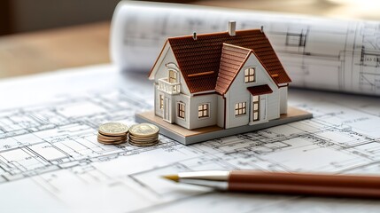 A miniature house model placed on top of architectural blueprints, with coins and a pen beside it, symbolizing real estate.