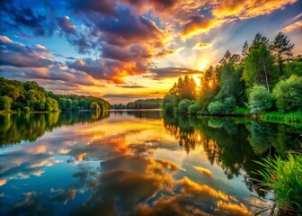 Fototapeta premium Tranquil Sunset Over Serene Lake Surrounded by Lush Green Trees and Reflections on Water Surface
