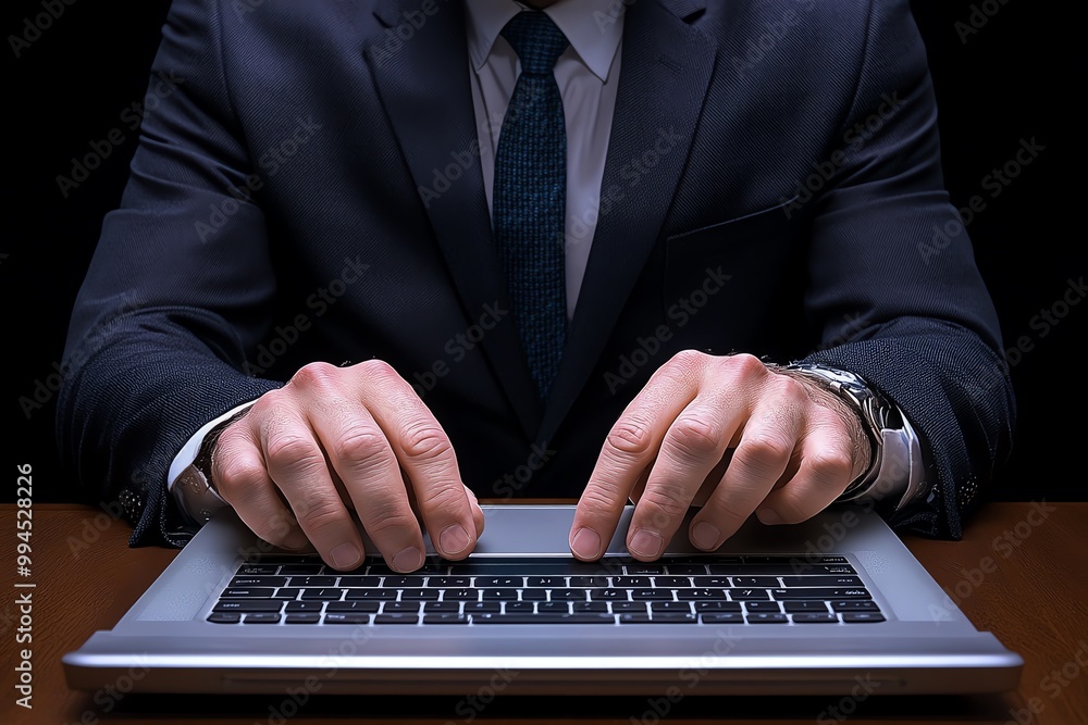 Poster a hyper-realistic image of a ceo typing on a laptop, with every key press, hand movement, and reflec