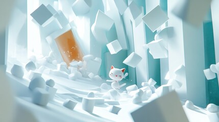 A White Cat Standing in a Field of White Geometric Shapes