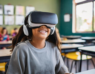 School student with VR headset using AI artificial intelligence technology & machine learning.Interactive technology in classroom. Innovation & smart tech.