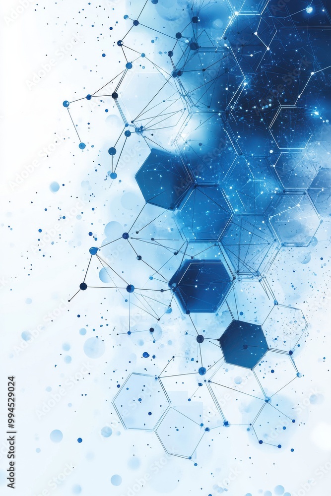 Poster abstract blue geometric background with interconnected hexagonal shapes and digital network patterns