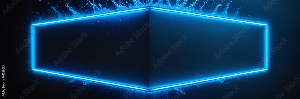 Poster glowing blue neon frame with water splashes creates a dynamic and futuristic visual, blending sharp 