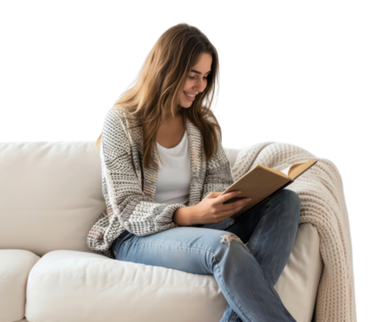 Woman with notebook reading sitting sofa.