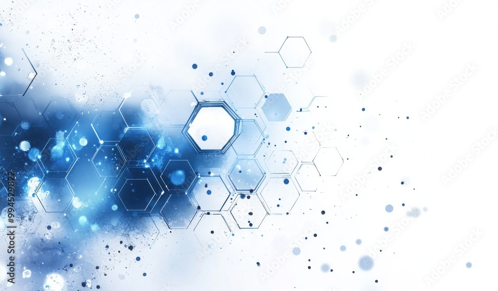 Poster abstract blue hexagons and dots on a white background with light bokeh effects and geometric pattern