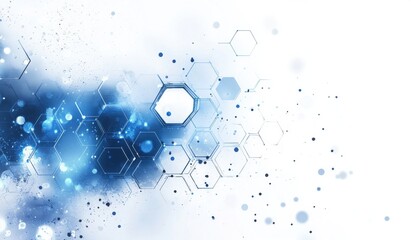 Abstract blue hexagons and dots on a white background with light bokeh effects and geometric patterns for a modern and futuristic design