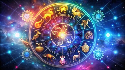 Obraz premium Twelve Zodiac Signs Represented in Colorful Symbols and Illustrations on a Starry Background