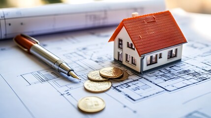 A miniature house model placed on top of architectural blueprints, with coins and a pen beside it, symbolizing real estate.
