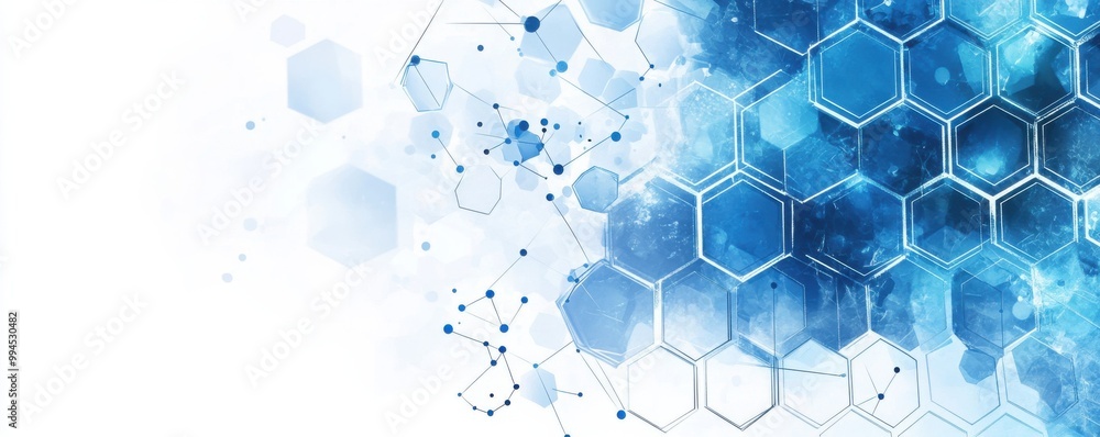 Poster abstract blue hexagons on a white background with a futuristic and tech-inspired design