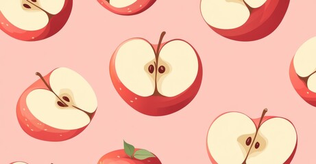 A composition of red apple halves repeated in rows over a pale pink background