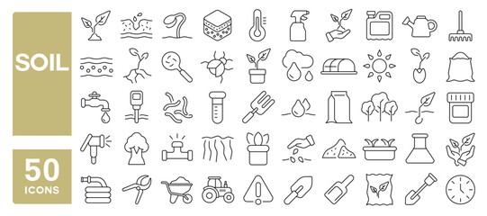 Set of 50 line icons related to soil, ground, compost, land, plant, root, layer, organic, seeds, sprout, agriculture, drought, growth, Editable stroke. Vector illustration