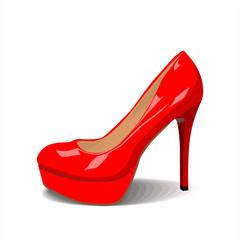 Red high heel shoe fashion female style. Womens high heel  footwear. Woman heel emoji, cartoon sticker, sketch. Sale banner template. Female sexy shoes, patent leather. Vector illustration isolated