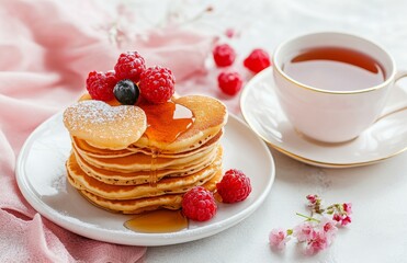 Delicious healthy baked food pancakes piled high with bananas and berries, accompanied by tea and honey
