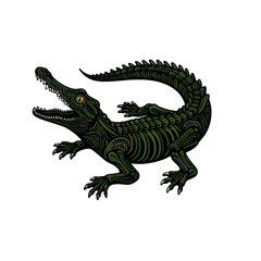 Vector of a black line art skeleton crocodile, in a green color, isolated on a white background.