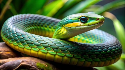 The striking green snake elegantly rests on a branch, showcasing its vivid scales against a backdrop of rich greenery, embodying nature's beauty
