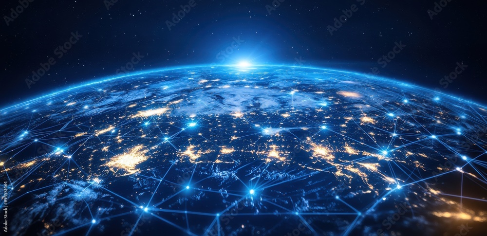 Poster abstract digital world map with glowing network connections, showcasing global communication technol