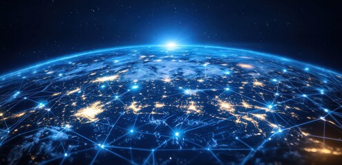 Abstract digital world map with glowing network connections, showcasing global communication technology and connectivity