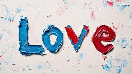 Acryllic Love Text written with thick brush acryl colors on canvas