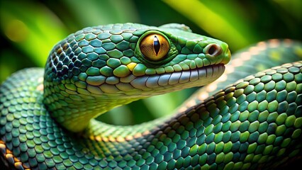 Fototapeta premium The striking green snake showcases its intricate scales and vibrant yellow eye as it relaxes among the lush greenery, capturing the essence of its habitat