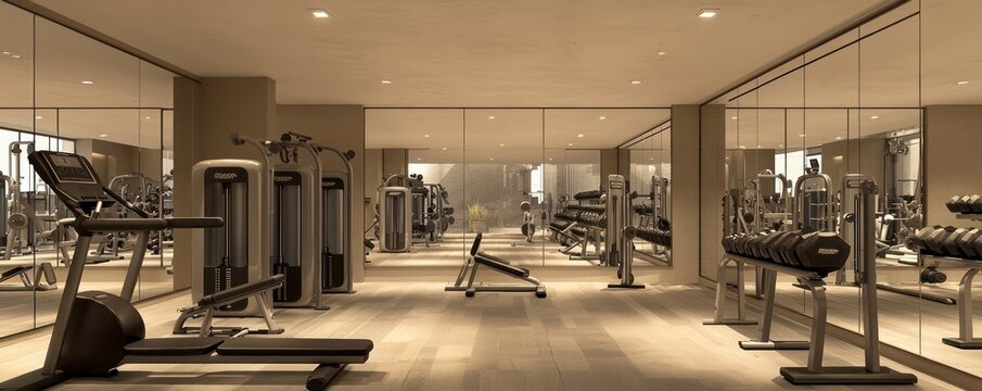 A minimalist modern gym with state-of-the-art equipment arranged spaciously, large mirrors that amplify the space, and a focus on clean, functional design to promote a clutter-free workout environment