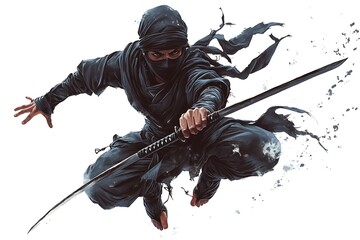 Ninja warrior jumping with katana sword in hand. Martial arts, stealth, action, and combat concept.