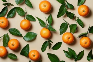 Mandarin oranges as food frame with empty space, flat lay, flat view of ripe orange yellow tangerines on beige background.