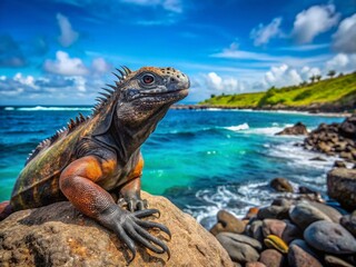 Obraz premium Unique Galapagos Marine Iguana basking on a rocky shore under the clear blue sky of the islands